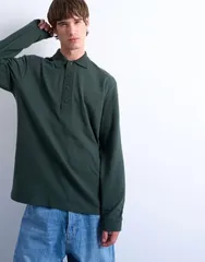 トップマン メンズ トップス ポロシャツ Topman long sleeve textured polo in dark DARK GREEN グリーンのサムネイル