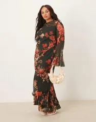 エイソス レディース トップス ワンピース マキシワンピース フラワー柄 プリント マキシ フラワー ASOS Curve ASOS DESIGN Curve long sleeve frill seamed v back maxi dress based f