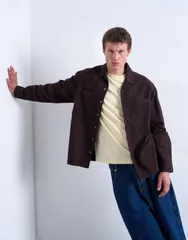 トップマン メンズ トップス シャツ レギュラーフィット Topman regular fit twill overshirt BROWN ブラウンのサムネイル