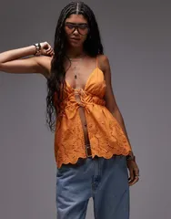 トップショップ レディース トップス タンクトップ ティアード Topshop cutwork tiered tie front cami top in orangeオレンジのサムネイル