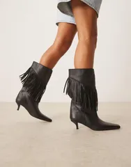 エイソス レディース シューズ ブーツ・レインブーツ レザー フリンジ ASOS DESIGN Carmine leather fringe knee boots BLACK LEATHER ブラック