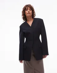 エイソス レディース アウター ジャケット・ブルゾン ブレザー ASOS DESIGN cinch high break point collarless blazer Navy ネイビー