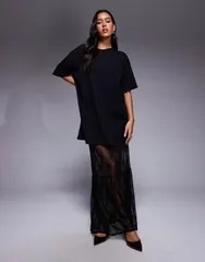 ファッションキラ レディース トップス ワンピース ティアード Tシャツ コットン レース マキシ Fashionkilla cotton blend lace tiered hemaxi tshirt dress Black ブラック