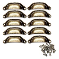 Set of 10 Brass Door Cabinet Handles, Antique Knobs, Drawer Shelf Pull Handles, Cups, Bronze