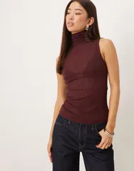 エイソス レディース トップス Tシャツ タートルネック メッシュ シアー ノースリーブ ASOS DESIGN gauzy sheer mesh turtle neck sleeveless top Burgundy バーガンディ