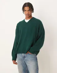 エイソス メンズ アウター ニット・セーター Vネック セーター ニット ASOS DESIGN super oversized boxy fit knit Vneck sweater GREEN グのサムネイル