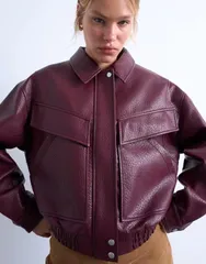 トップショップ レディース アウター ジャケット・ブルゾン レザー フェイクレザー Topshop oversized faux leather bubble boxy zip up bomber jacket burgundy バーガンディ