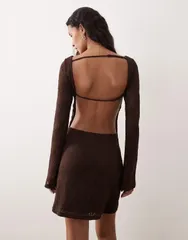 キスザスカイ レディース トップス ワンピース 背中開き ミニ レース Kiss The Sky Freya long sleeve backless mini dress lace BROWN ブラウン