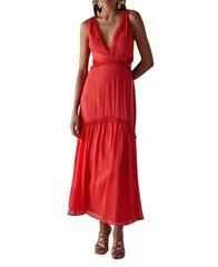 ウエアハウス レディース トップス ワンピース シフォン カットアウト マキシ フリンジ Warehouse Chiffon Fringe Trim Cut Out Maxi Dress Red レッのサムネイル