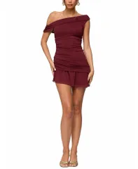 アディクテッド レディース トップス ワンピース ミニ メッシュ Edikted Gesibelle Off Shoulder Mesh Mini Dress Burgundy バーガンディ