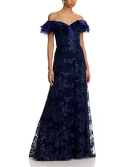 テリジョンバイリッキーフリーマン レディース トップス ワンピース チュール スパンコール 刺繍 Teri Jon by Rickie Freeman Organza Off Shoulder Sequin Embroidered Tulle Gownavy