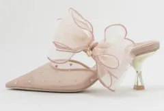 RANDA 란다 シフォン リボン ハート ミュール パンプス (ピンク)