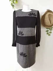 COMPAGNA シースルー袖 大花刺繍 ワンピース ミディ丈 66 ブラックグレー