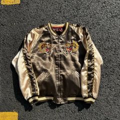 90s 刺繍】BRIGHT社製 レーヨン スカジャン L 龍 ヴィンテージ渋茶