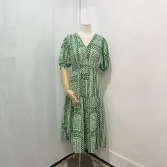 Vネック グリーン プリンティング ロング丈ワンピース ドレス ロング丈 シャーリング 3362