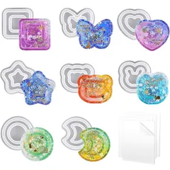 【新着商品】DIY手作り樹脂キーホルダーペンダントアクセサリーキュートデコレーション ハート型月形円形シェーカー型 エポキシ樹脂ソフトモールド 流砂型シリコン型8個セット（PVCシート5枚付き）uvレジン シャカシャカモールド