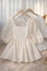 パフ ブラウス スクエアネック エンブロイダリー ブラ