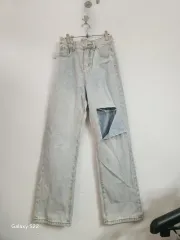 ライトブルー デニム ダメージ ワイド デニム パンツ