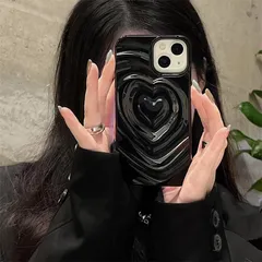 iPhone17用ケース ハート 立体 黒 韓国 水の波紋模様 かわいいスマホケース 3d 凸凹 おしゃれ ソフト Y2K系 ストラップホール付き グリッター 光沢カバー 人気 TPU カバー 耐衝撃 全面保護 落下防止