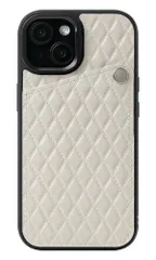本革 スマホケース iPhone用 15 互換性 対応ケース キルティング スマホスタンド カード収納 ストラップ (アイボリー)