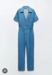 ZARA ザラ リネン ブレンド 半袖 オールインワン (デニム ブルー)