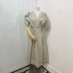 着物リメイク 大島紬から後ろボタンのパフスリーブワンピース(L~LL