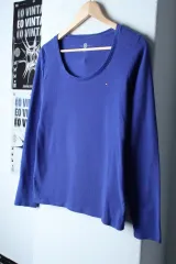 W(M-L) トミーヒルフィガー 長袖Tシャツ ワイドネック 無地 ブルー-181FF