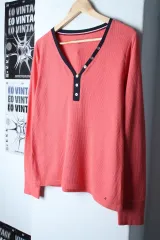 W(M-XL) トミーヒルフィガー 長袖Tシャツ Vネック ワッフル オレンジ-181FD