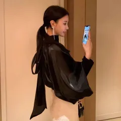 3COLOR/*即配送* ブラック オーガンザ シフォン リボン タイ シースルー ブラウス