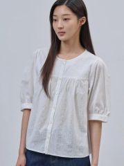 美品】MAGALI マガリ ストライプコットン＆リネン・プリーツブラウス 