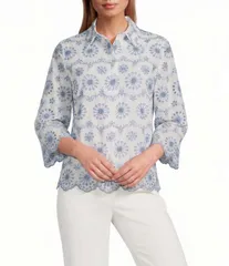 アンクライン レディース トップス シャツ フラワー柄 刺繍 リネン フラワー Anne Klein Embroidered Floralinen Scalloped Hem Shirt Crispのサムネイル