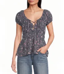 ラッキーブランド レディース トップス シャツ フラワー柄 プリント フラワー Lucky Brand Woven Floral Print Round Neck Short Sleeve Top Nのサムネイル