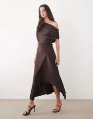 マンゴ レディース トップス ワンピース アシンメトリー Mangoff the shoulder asymmetric hemidaxi dress in chocolate チョコレート