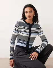 マンゴ レディース アウター カーディガン ニット Mango knitted cardigan stripe BLUE ブルーのサムネイル