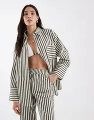 フォースレックレス レディース トップス シャツ コットン 4th Reckless cotton pocket front oversized beach shirt in olive white