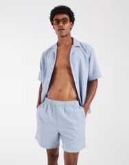 에이소스 남성 수영복 반바지 반바지 반바지 ASOS DESIGN waffle textured mid length shorts part of a set BLUE 블루
