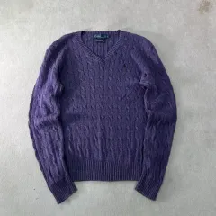 100 POLO RALPH LAUREN(ポロラルフローレン) シルク ケーブル編み Vネック PURPLE(パープル) ニット