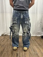 ヴィンテージ デストロイ マルチポケット カーゴ デニム パンツ