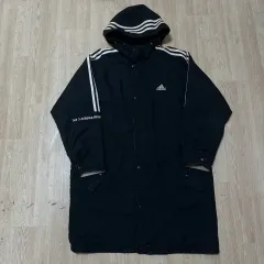 アディダス ビックロゴ サイドライン 起毛 フード ダウンジャケット ロング丈 M/95