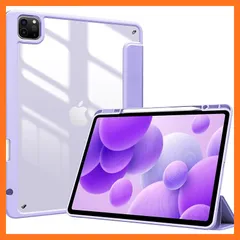 【新品】 ProCase iPad Pro 12.9 ケース 第6/5/4/3世代に適用（2022 2021 2020 2018) 透明 クリアバックカバー ペン収納 耐衝撃 三つ折り スタンド スマートカバー - パープル