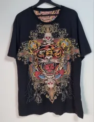 L (100) Ed Hardy(エドハーディー) ブラック ヴィンテージ ラインストーン 半袖Tシャツ