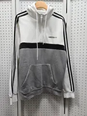 (1233)アディダス 3本線 フード プルオーバー 白/グレー S