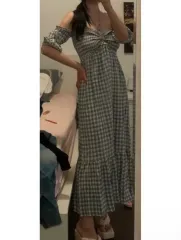 ギンガムチェック 2way フレア ロング丈ワンピース スモーク バンディング 華奢フィット ブルーグレー リゾート