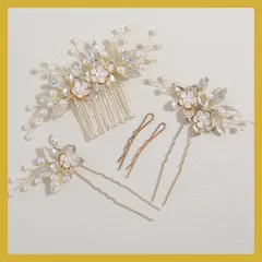 Famihot 髪飾り ヘッドドレス 木の葉 花モチーフ コーム パール ヘアピン 5本セット ヘアアクセサリー ウェディング 結婚式 お呼ばれ 披露宴 卒業式 発表会 和装用 手作り髪飾り (タイプ04) 1