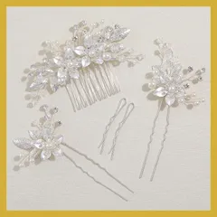 Famihot 髪飾り ヘッドドレス 綺麗な花モチーフ ストーン コーム パール ヘアピン 5本セット ヘアアクセサリー ウェディング 結婚式 お呼ばれ 披露宴 卒業式 発表会 和装用 手作り髪飾り シルバー (タイプ02) 1