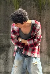 calTop シャツ/ブラウス L レッド チェック柄 ミドル丈 長袖 レギュラーカラー