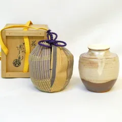 【弥左衛門間道仕覆添え】十二代 田原陶兵衛作 萩焼 肩衝茶入 茶道具 山口県指定無形文化財【中古 美品】