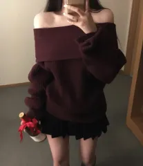 オフショルダー ニット ワイン色