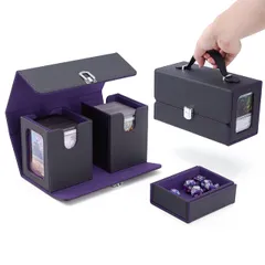 デッキケース トレカケース ハンドル付き カードディスプレイウィンドウ 200枚 3in1 二重 三重スリーブ対応 仕切りカード4つとトップローダー2つ付き 革 持ち運び(黒内装紫)as 1625a6fa