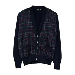 DAKS 닥스 ヴィンテージ Vネック CHECK パータン ウール カーディガン L ネイビーのサムネイル